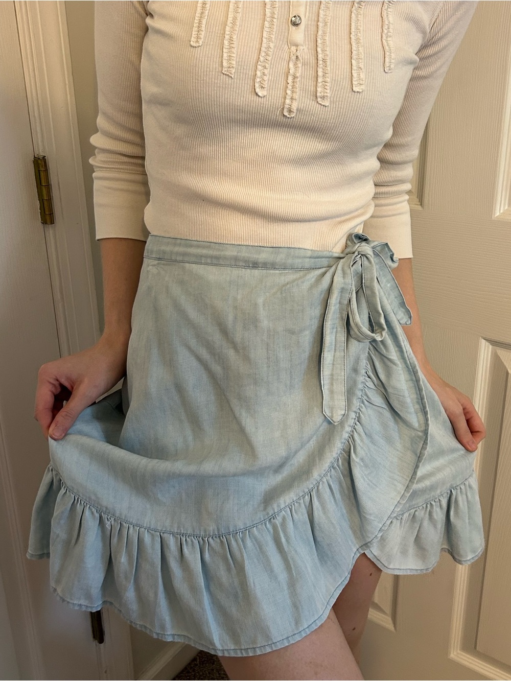wrap waist ruffle skirt denim vibe with bow y2k coquette